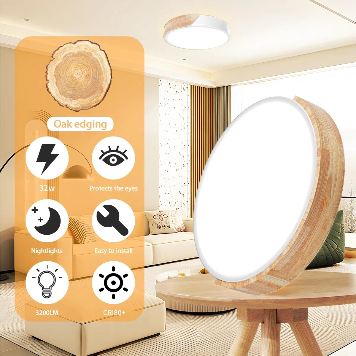 Yexati Plafoniera a LED con Temperatura di colore Regolabile,32W 3000K/4000K/6000K 3200LM, IP54, Plafoniera Led Soffitto Moderna in Legno Con telecomando,Adatto a Soggiorno,Camera da letto, Bianco