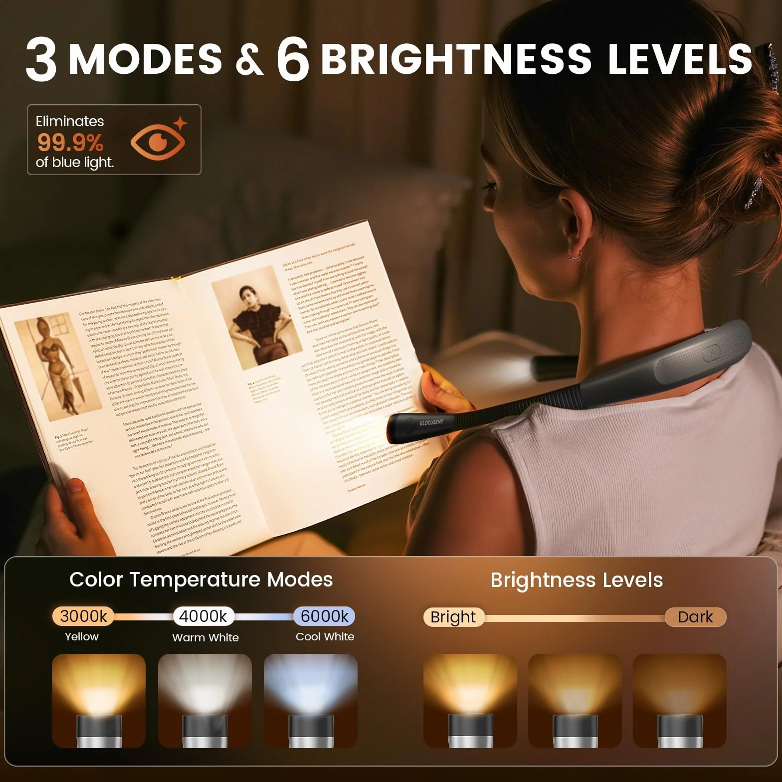 Glocusent Lampada da Lettura, LED luce del libro, Ricaricabile, 3 Colori, 6 Livelli di luminosità, Bracci pieghevoli, mani libere, Perfetta per Tejer, Estudiar, Dormir, Viajar