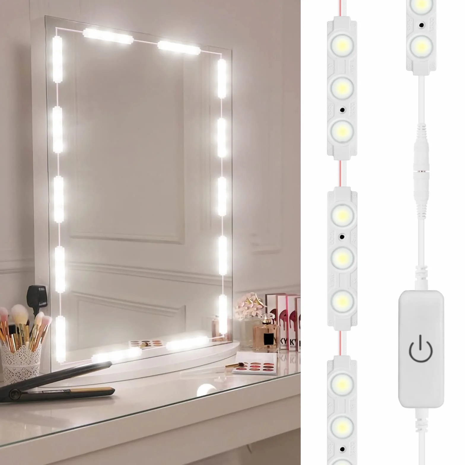 Viugreum Luci da Specchio Dimmabili LED, 60 Luci per Make Up, 1200LM Bianco Freddo 6000K Trattamento Anti-Umidita’Kit Luci da Camerino con Dimmer