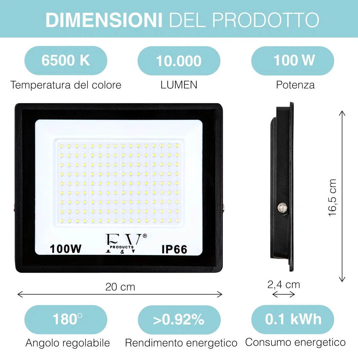 F&V PRODUCTS Faretto LED da Esterno 100W, Cavo 1 M, Luce Bianca Fredda 6500K, 10000 LUMEN, IP66, IK08, Alluminio e Vetro Temperato, Faro LED 220V per Illuminazione Esterna, Giardino, Garage, Facciate