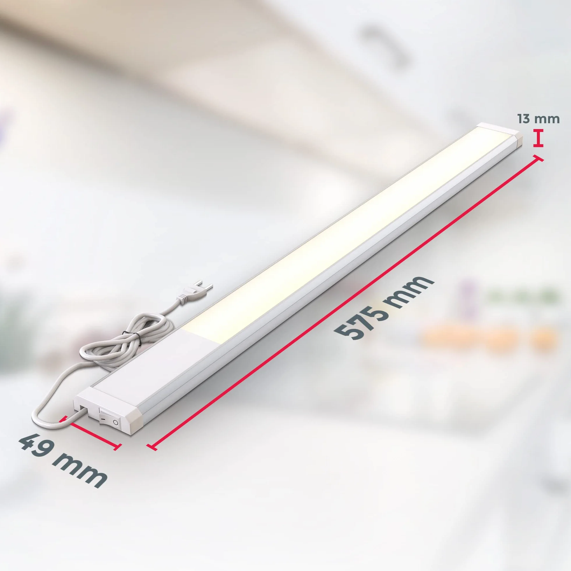 B.K.Licht - Lampada sottopensile cucina LED con interruttore on/off, luce bianca calda, cavo di collegamento incluso, lampada sottopensile, lampada led sottopensile, 57,5x4,9x1,3 cm, bianco-argento
