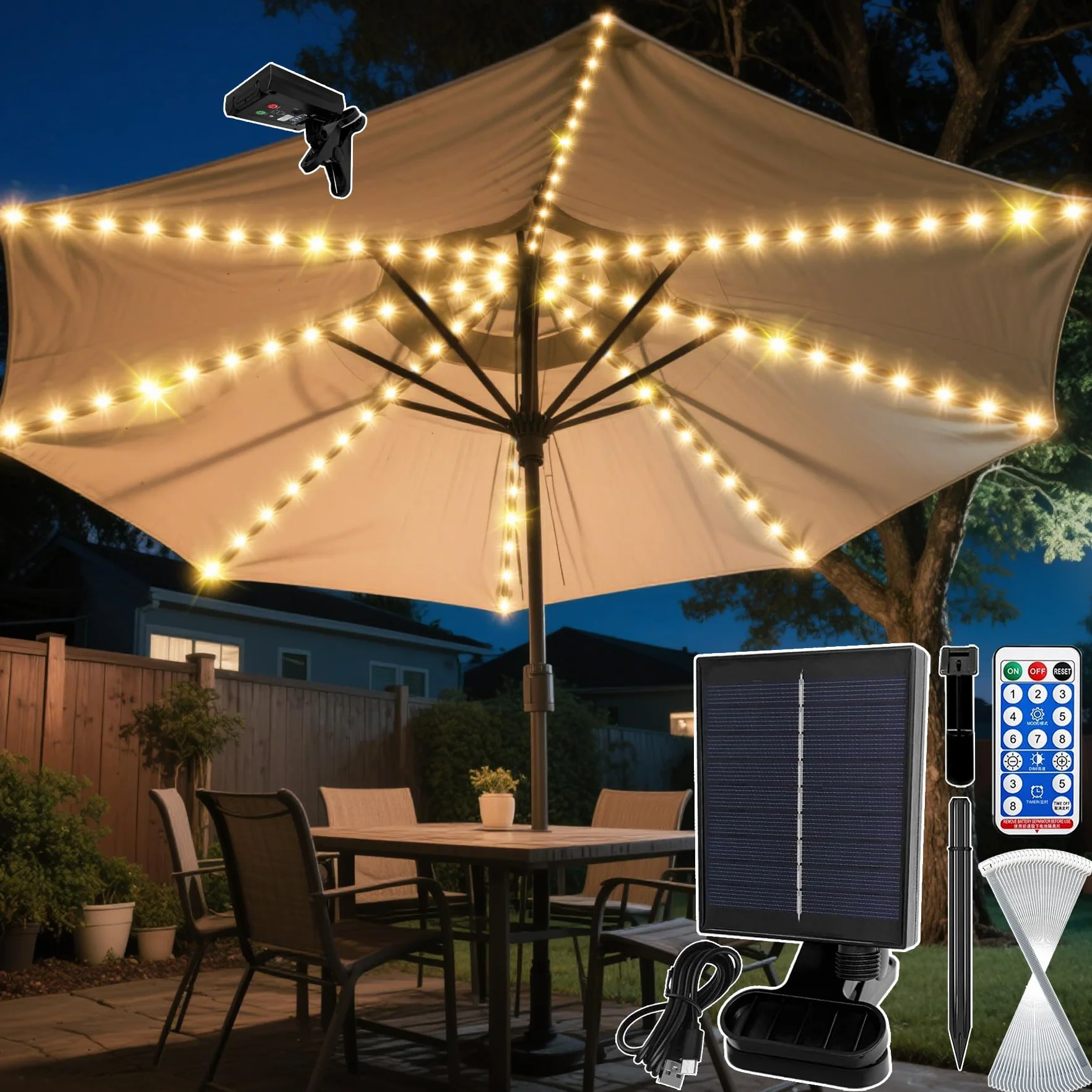 VEEKAY Luci Solari per Ombrellone,Llluminazione Solare per Ombrellone,104 LED Luci per Ombrelloni da Esterno,Telecomando,IP67 Impermeabile Catena di luci,8 Modalità di Luminosità,per Esterni,Patio