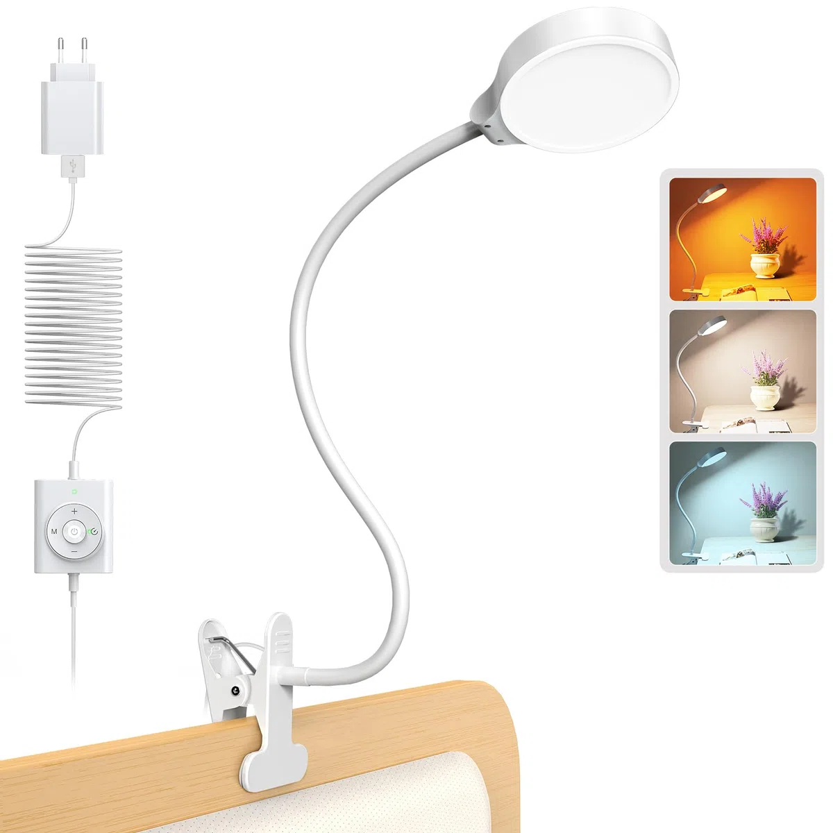 Glocusent 5W Lampada a Morsetto, 36 Lampade da Lettura a LED per Letto, Morsetto per Lampada per la Cura degli Occhi, 3 Colori 5 Livelli di Luminosità, Luce da Lettura con Collo D'oca