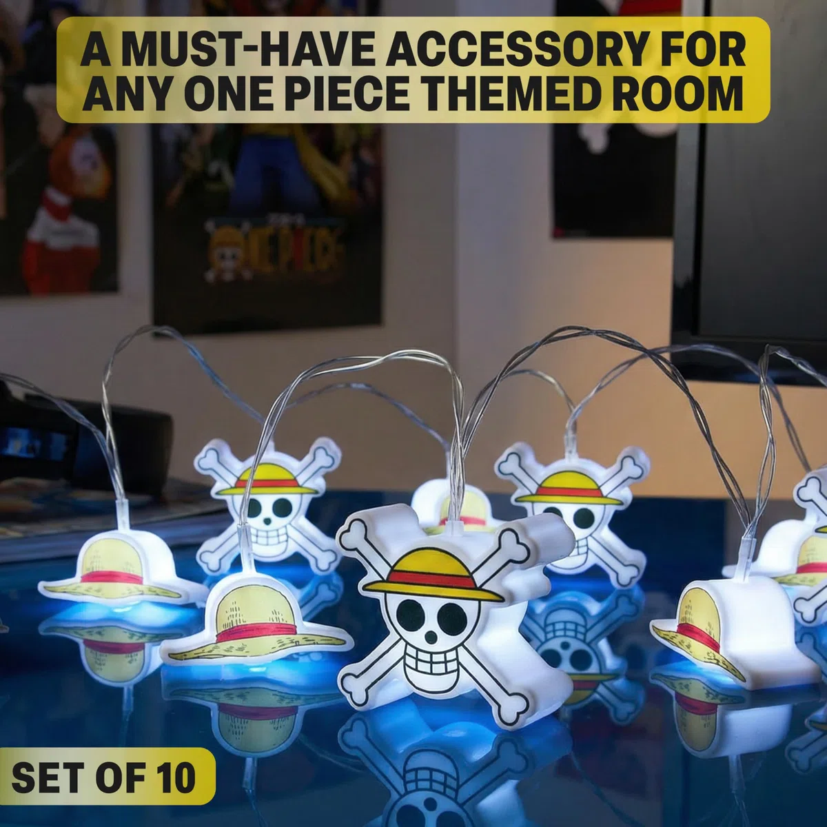 Get Trend One Piece 3D Stringa Luci LED, 10 Pz Bianco LED Lucine Fatate, Funziona a Batteria e con 2 Modalità Lightning, Straw Hat Skull Interno Decorazioni Casa & Camera da Letto, Regalo Anime