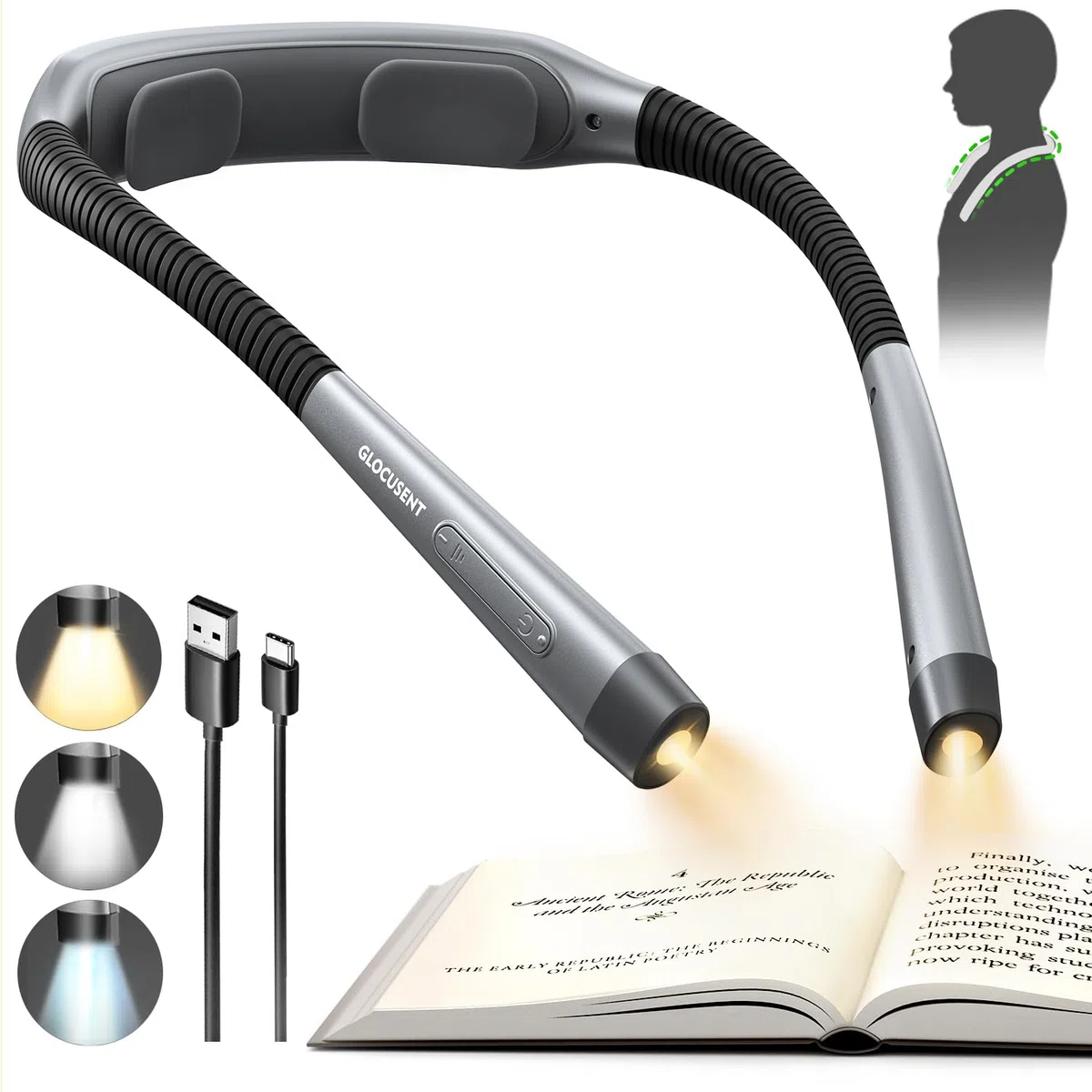 Glocusent Lampada da lettura ergonomica con batteria da 1600 mAh, 3 colori e 5 luminosità continua, pratico interruttore di blocco e timer – luce da lettura per lavori manuali (grigio)