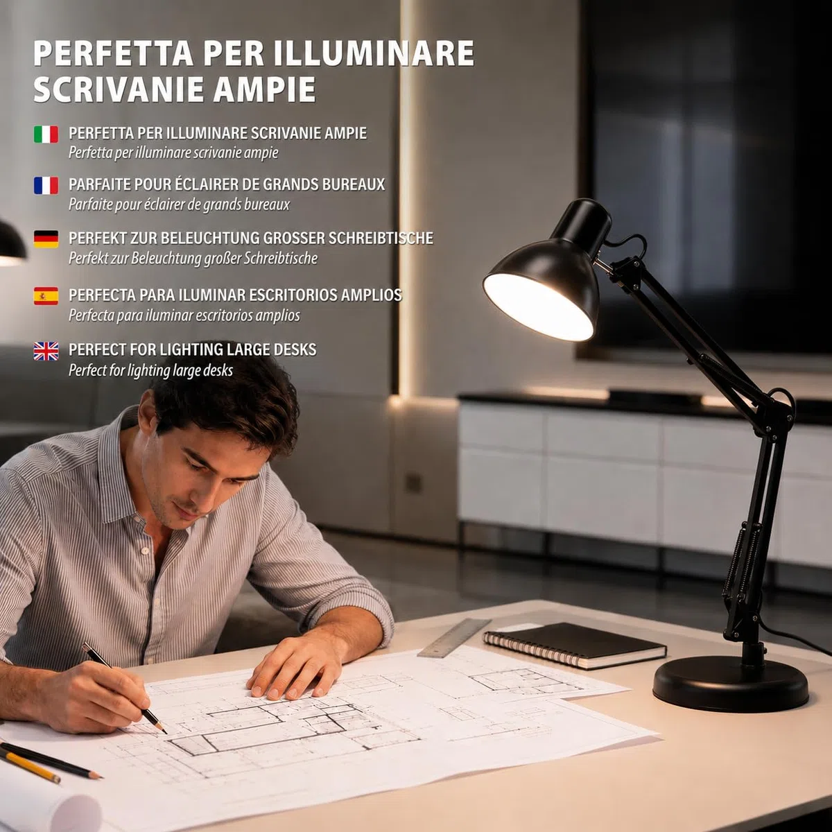VELAMP - Lampada da Tavolo con Braccio Regolabile Charleston XL, Lampada da Scrivania Design Moderno, Abat Jour da Comodino per Lettura con Pinza da Tavolo - Attacco Lampadina E27, Cavo 150cm - Nera
