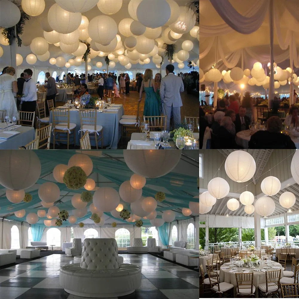 12 lanterne di carta bianca (diverse dimensioni) con 12 mini palloncini a LED bianco caldo, rotondo, paralume di carta, decorazione per il matrimonio
