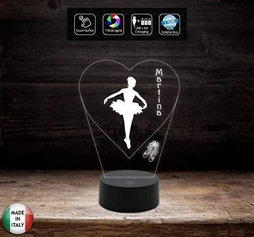 Generico Regalo Ballerina Lampada LED 7 Colori Selezionabili Danza Personalizzabile con Nome Luce da Notte in Acrilico e ABS