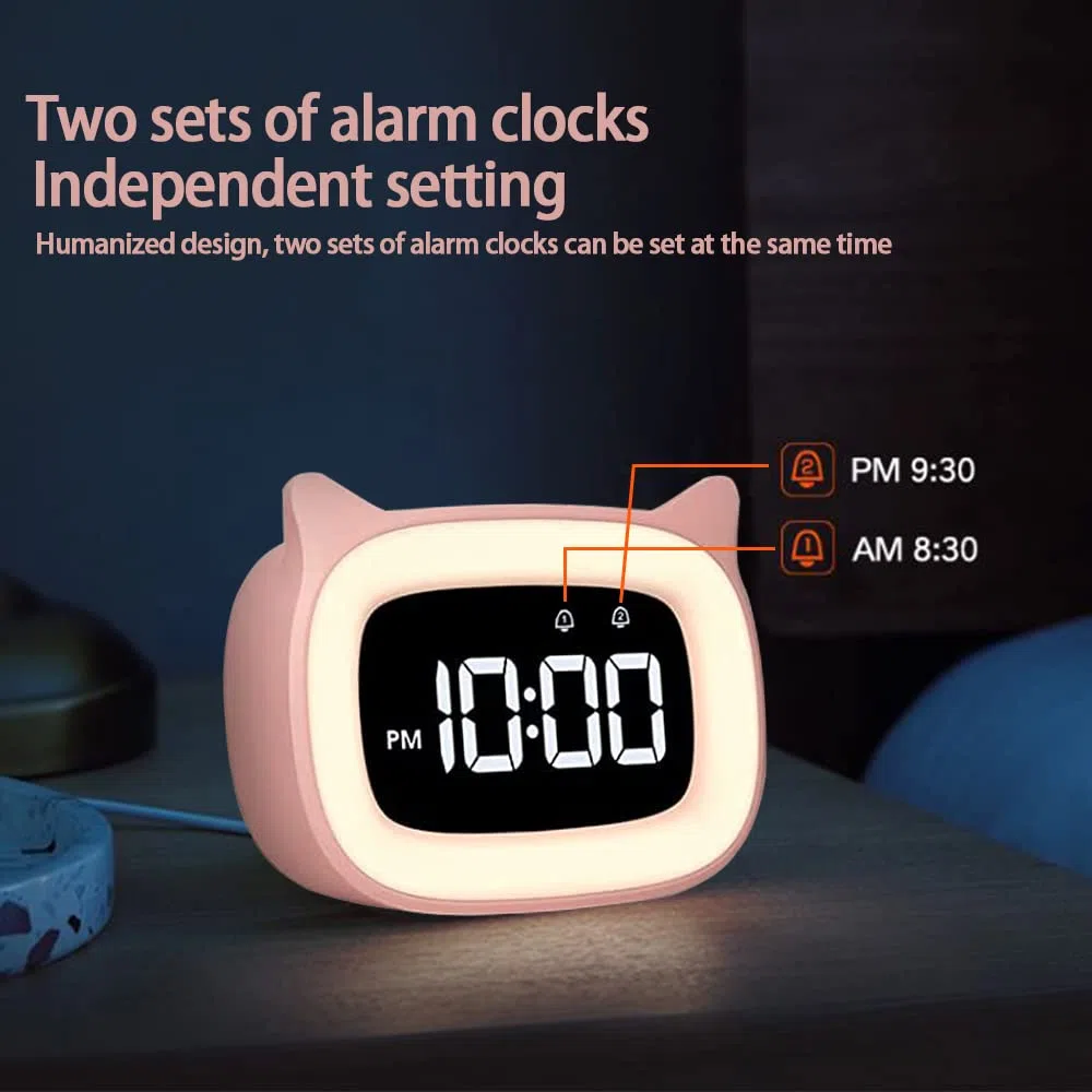Sveglia Digitale Bambini, sveglia da comodino digitale 18 Musica allenamento del sonno per bambini Doppia Sveglia con Snooze LED Wake up Light Funzione di Ricarica, Rosa