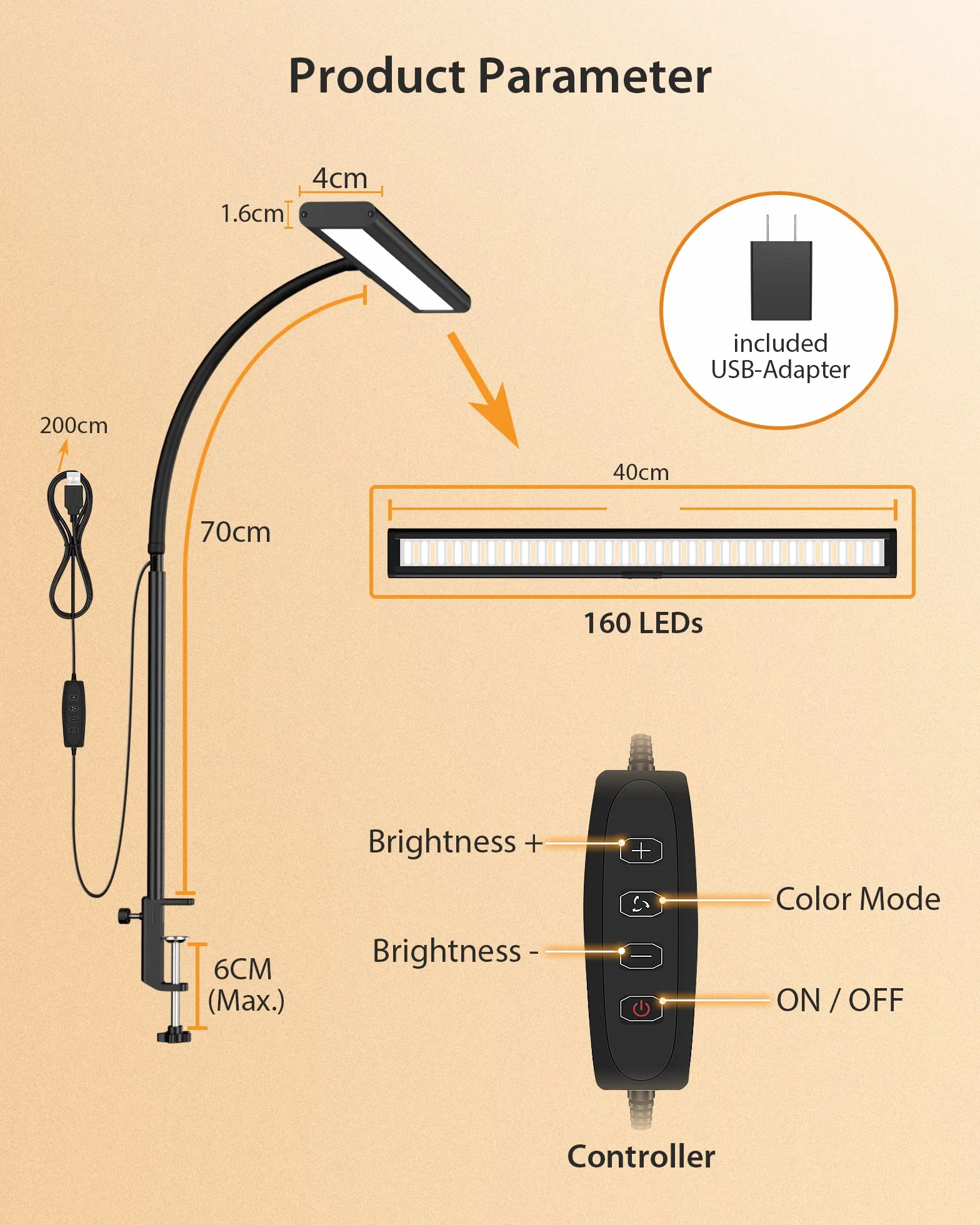 iFalarila [2025 Version 160 LED Lampada da Scrivania con Morsetto 30 Modalità, Più Luminoso Lampade da Tavolo 360° Flessibile Lampada da Lettura con Caricatore USB per Lavoro Studiare o Leggere-70CM