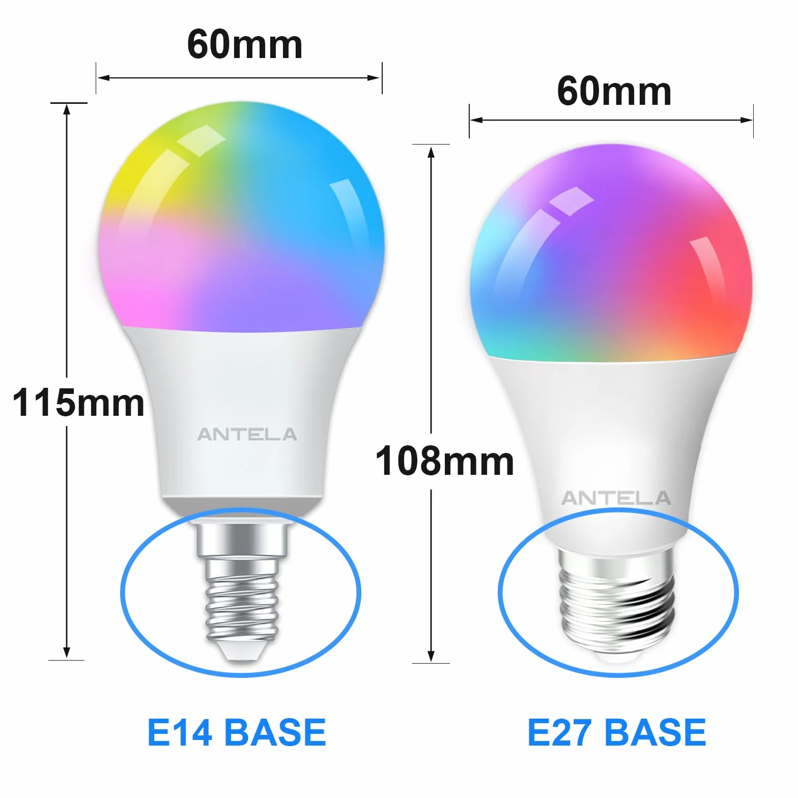 ANTELA Lampadine LED Alexa Inteligente WiFi E14, Dimmerabile Lampadina Smart 7W 806ML 60W equivalente, RGB & 2700K-6500K bianco freddo caldo, compatibile con Alexa/Google Home, 2 pezzi