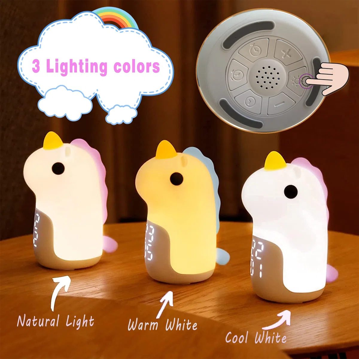 Unicorno Sveglia da Comodino con Luce Notturna Bambini, 3 Colori Dimmerabile Lampada Notturna Ricaricabile, in Silicone, Bel Regalo di Compleanno di Natale per Neonato, Bambina, Blu
