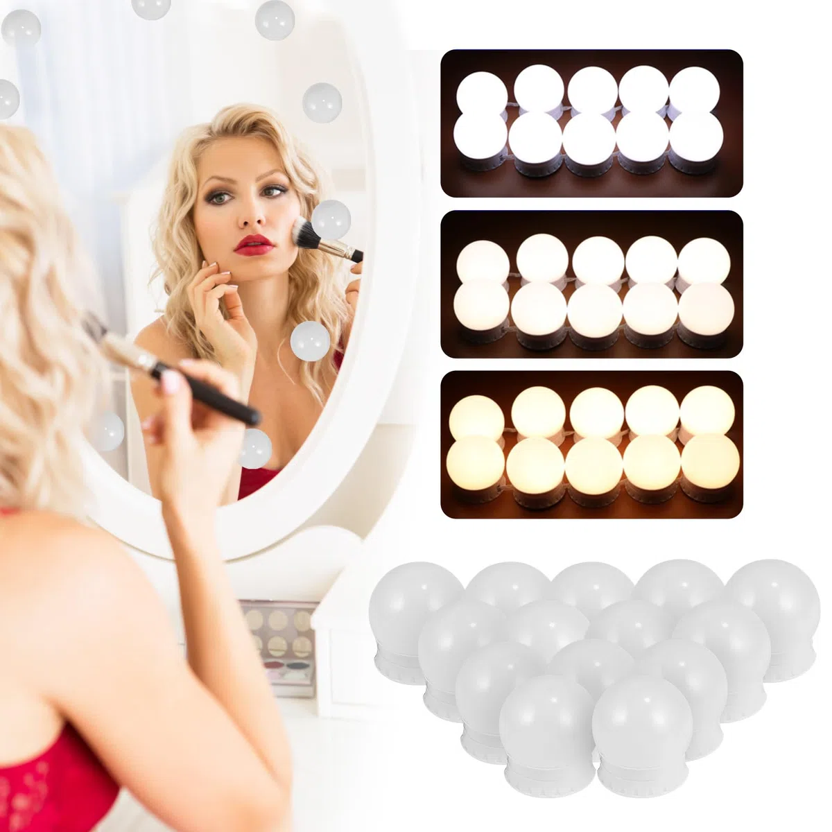 Luci Trucco, Kit di 14 Lampadine Hollywood LED Dimmerabile con Adattatore, Specchio Hollywood Dimmerabile con 3 Colori e 10 Intensità per Parrucchiere