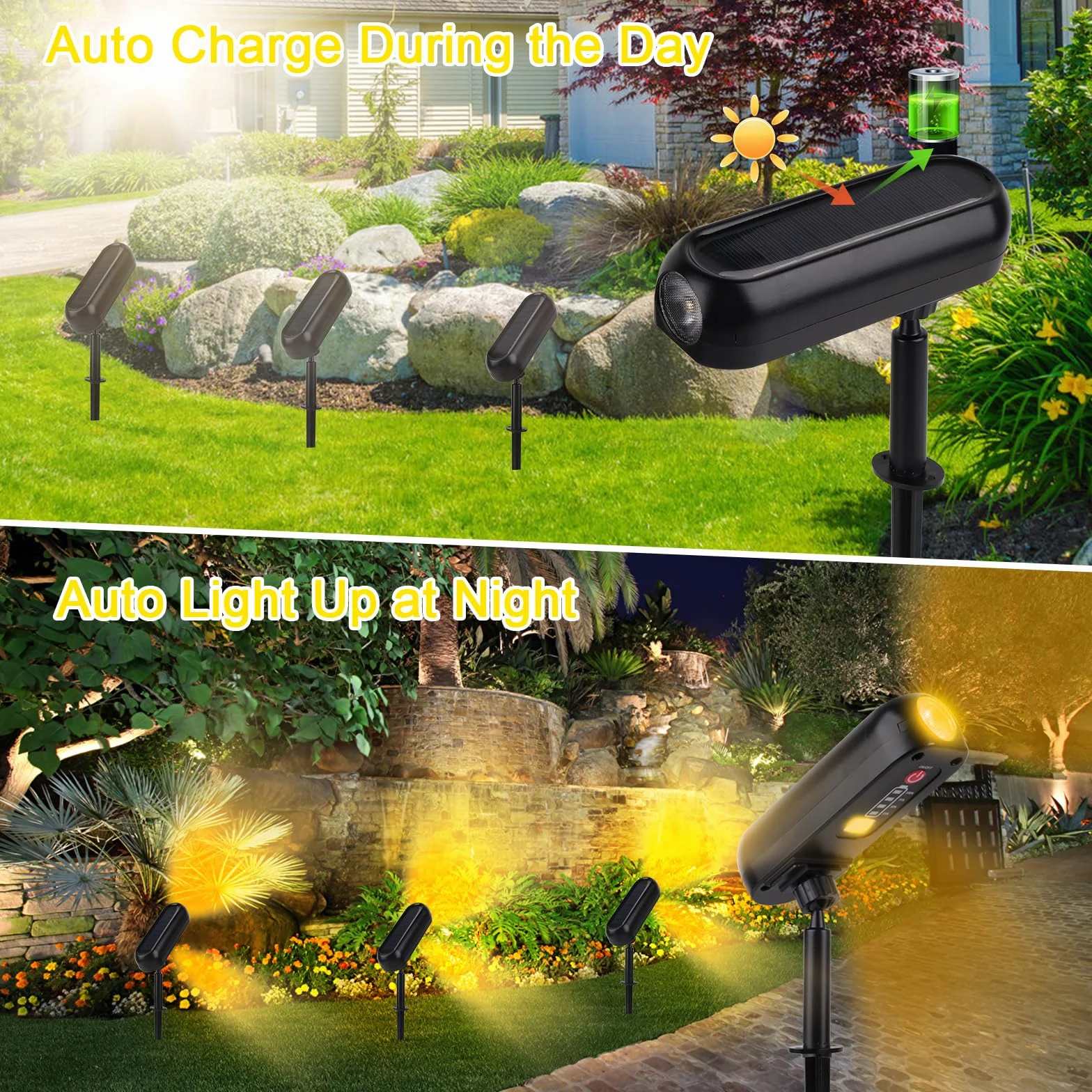 T-SUN 4 Pezzi Faretti Solari, 3000K Faretti Solari da Esterno Regolabile, 2 Modalità Lampada da Giardino Solare, Impermeabile IP65 Potenti Luci Da Esterno Giardino per Alberi, Giardini, Strade, Prati