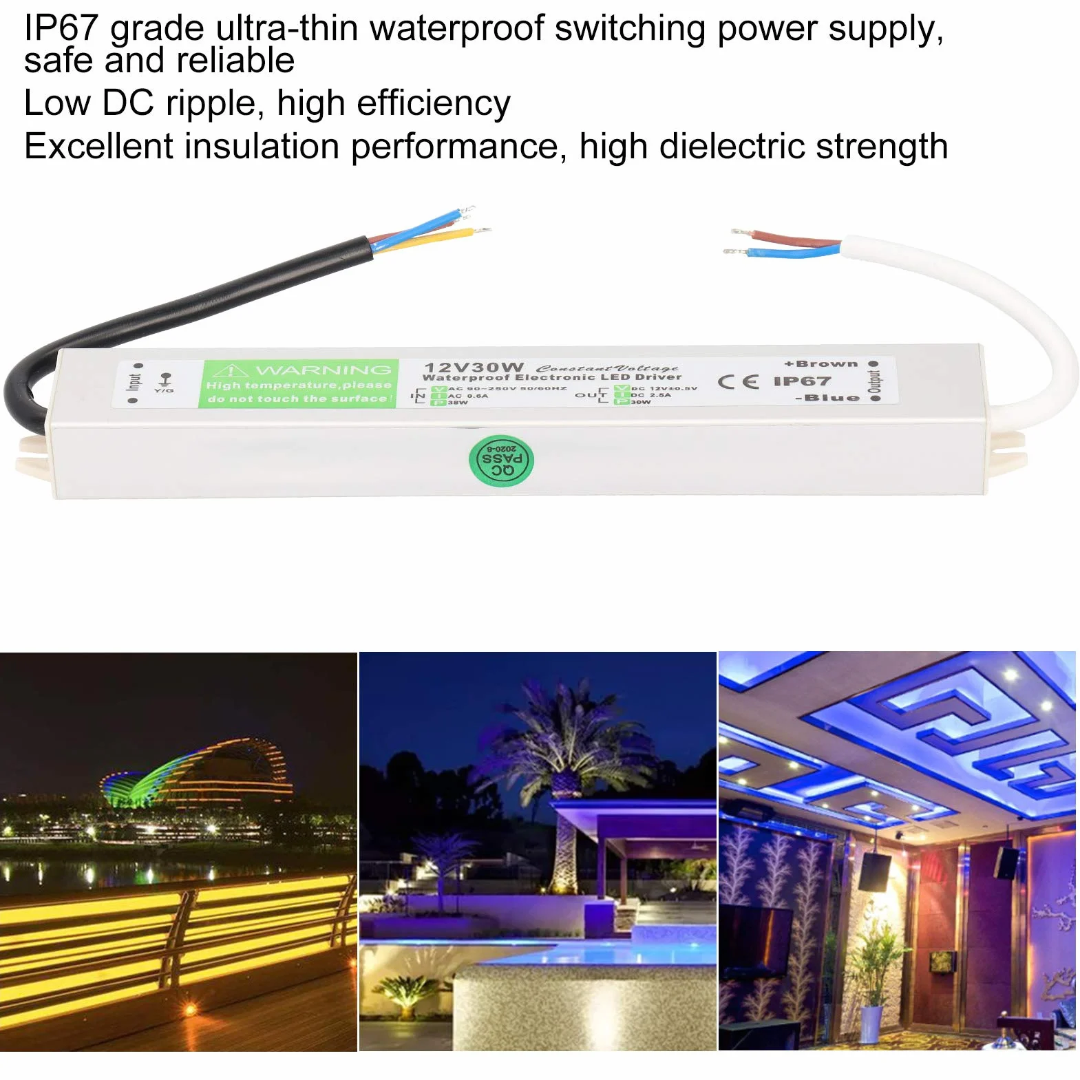 Trasformatore driver LED 30W, alimentatore switching impermeabile 12V/24V CC IP67, più sottile e durevole, eccellente isolamento, elevata rigidità dielettrica(DC12V)