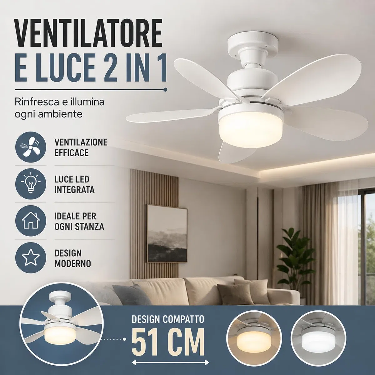 IlGruppone Lampadario con Ventilatore da Soffitto, Luce LED E27 Avvitabile – Lampadario con Ventola 2 in 1 Silenzioso con Telecomando, 6 velocità, Timer e Luce Dimmerabile 51 cm