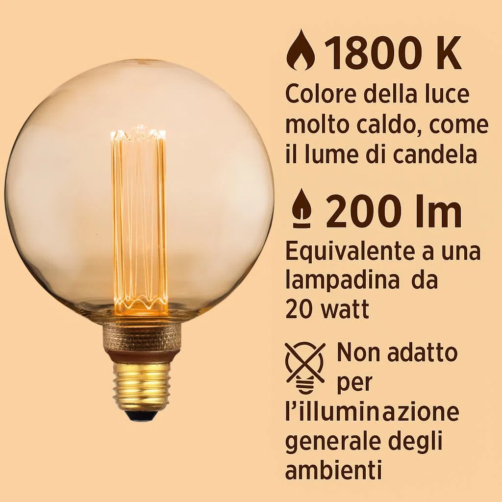 greenandco Lampadina Vintage Edison LED | E27 G125 | ambra | 4W 200lm | 1800K luce extra calda | 320° | 230V | nessun sfarfallio | non dimmerabile