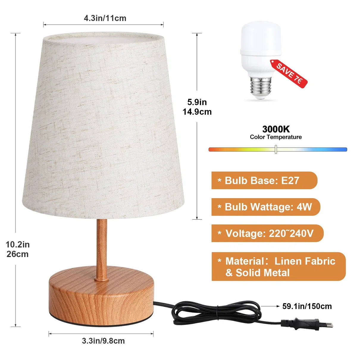 Lampada da Comodino Touch con Porte di Ricarica USB-C+A, Dimmerabile a 3 Vie, Paralume in Lino Base in Legno Scuro, Piccola Lampada da Tavolo per Camera da Letto Soggiorno Ufficio