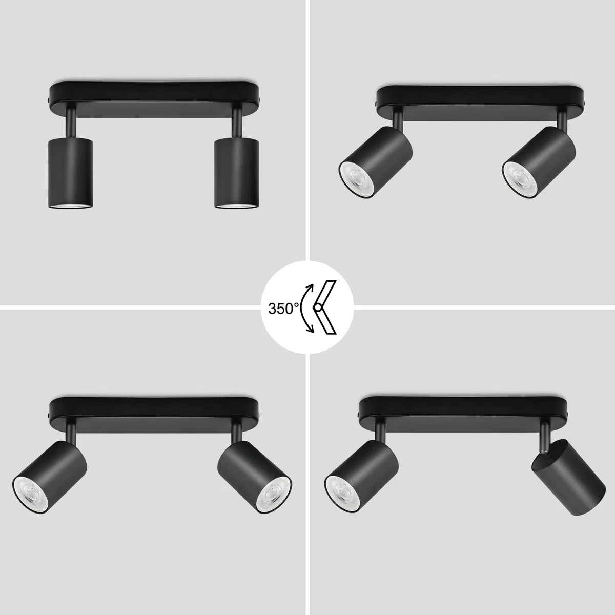 Faretti da Soffitto Orientabili, GU10 Faretti LED da Soffitto Nero, Lampada Soffitto 2 Luci Moderni, Faretto da Parete Interno in Alluminio per Cucina, Camera, Barra, Lampadina Non Inclusa