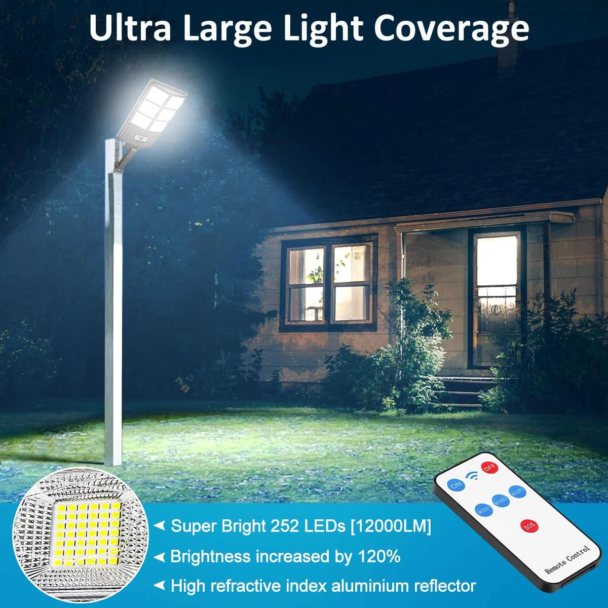 Lampione Solare Led Esterno 252 LED 150W Luci Faro Led Esterno con Pannello Solare e Sensore di Movimento, IP65 Impermeabile Lampada Lampione da Giardino con Telecomando per Strada Garage