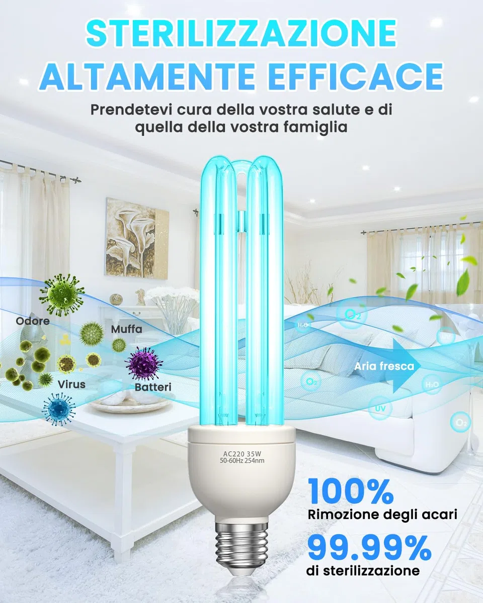 Lampada UV Ozono Lampada Germicida Raggi UVC E27 35W 254nm con Tubo al Quarzo Brine Ozono Contro Batteri Virus e Acari AC220-240V per Case, Lavatoi, Uffici, Ristoranti e Scuola Aria fresca