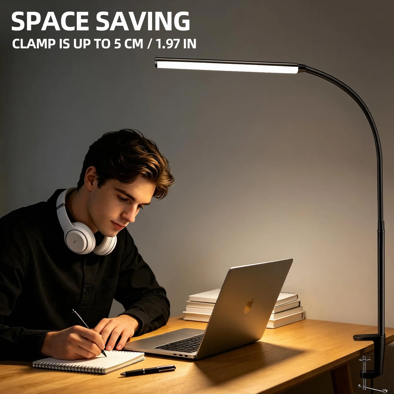 Akynite Lampada da Scrivania con Pinza e Cavo, Adattatore incluso, 3 Colore e 10 Intensità, Lampada da Lettura da Letto, Flessibile Lampada USB per PC, Luce Tavolo, Nera