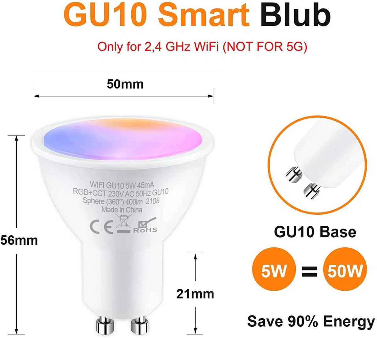 Lampadine LED Alexa Intelligente WiFi GU10 5W, Lampadina Dimmerabile Multicolore, Controllo App Compatibile con Alexa/Google Home, RGB&2700K-6500K Bianco Freddo Caldo, Nessun Hub Richiesto,4PCS