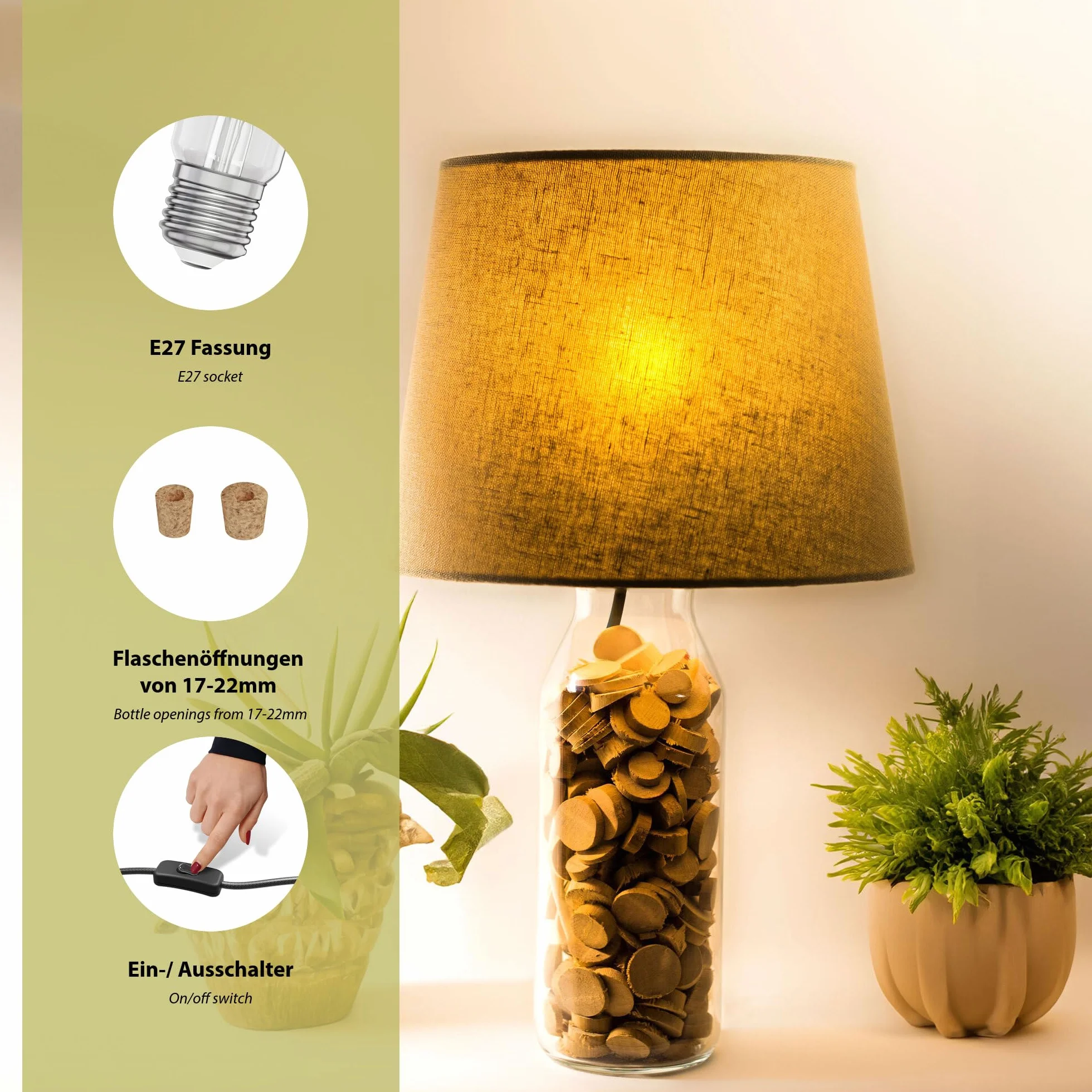 ledscom.de 2 pezzi lampada da tavolo in sughero FLAKO con interruttore e cavo tessile, bianco, 1x E27 max. 60W, senza bottiglia, senza lampadina
