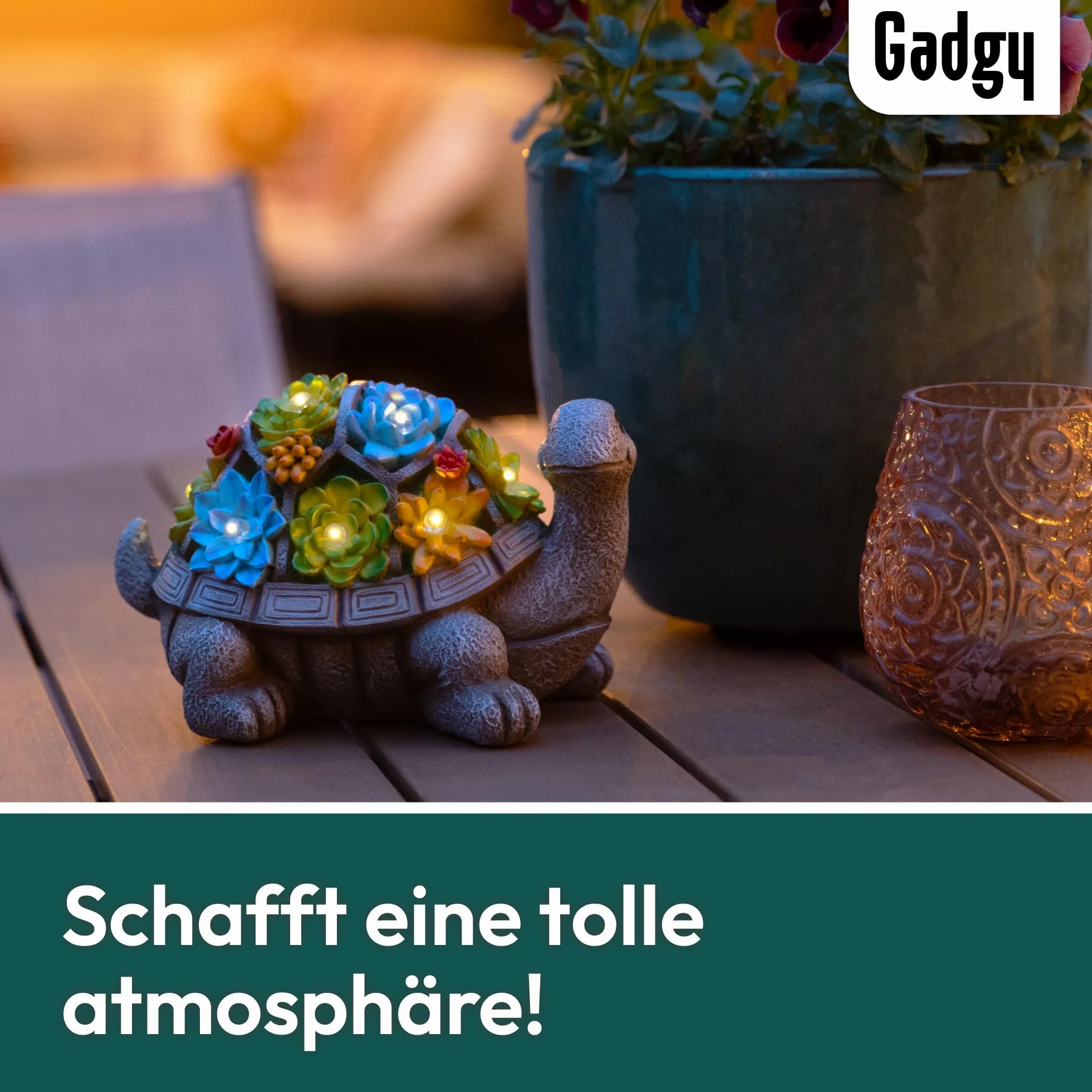 Gadgy Solar Gartenfiguren Schildkröte - Solarlampen für außen - Solarleuchte Figuren Deko mit Sukkulenten - Gartendeko für draußen - Balkon Deko Tierfigur - Gartenfigur Ornament Solarlaterne