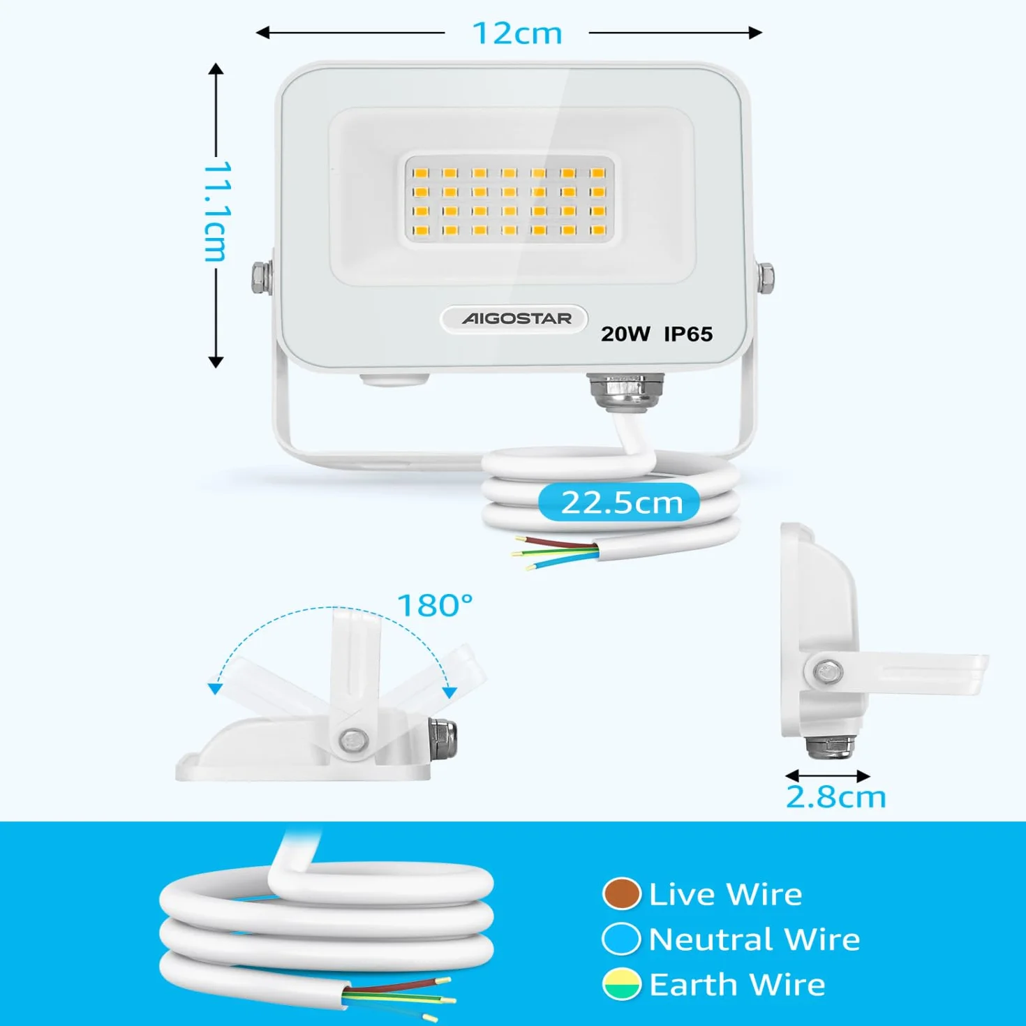 Aigostar Faretto LED da Esterno 20W, 1650LM, Faretti LED Esterno Naturale 4000K, Luce di Sicurezza Impermeabile IP65, Per Giardino, Cortile, Garage, Corridoio, Confezione da 6