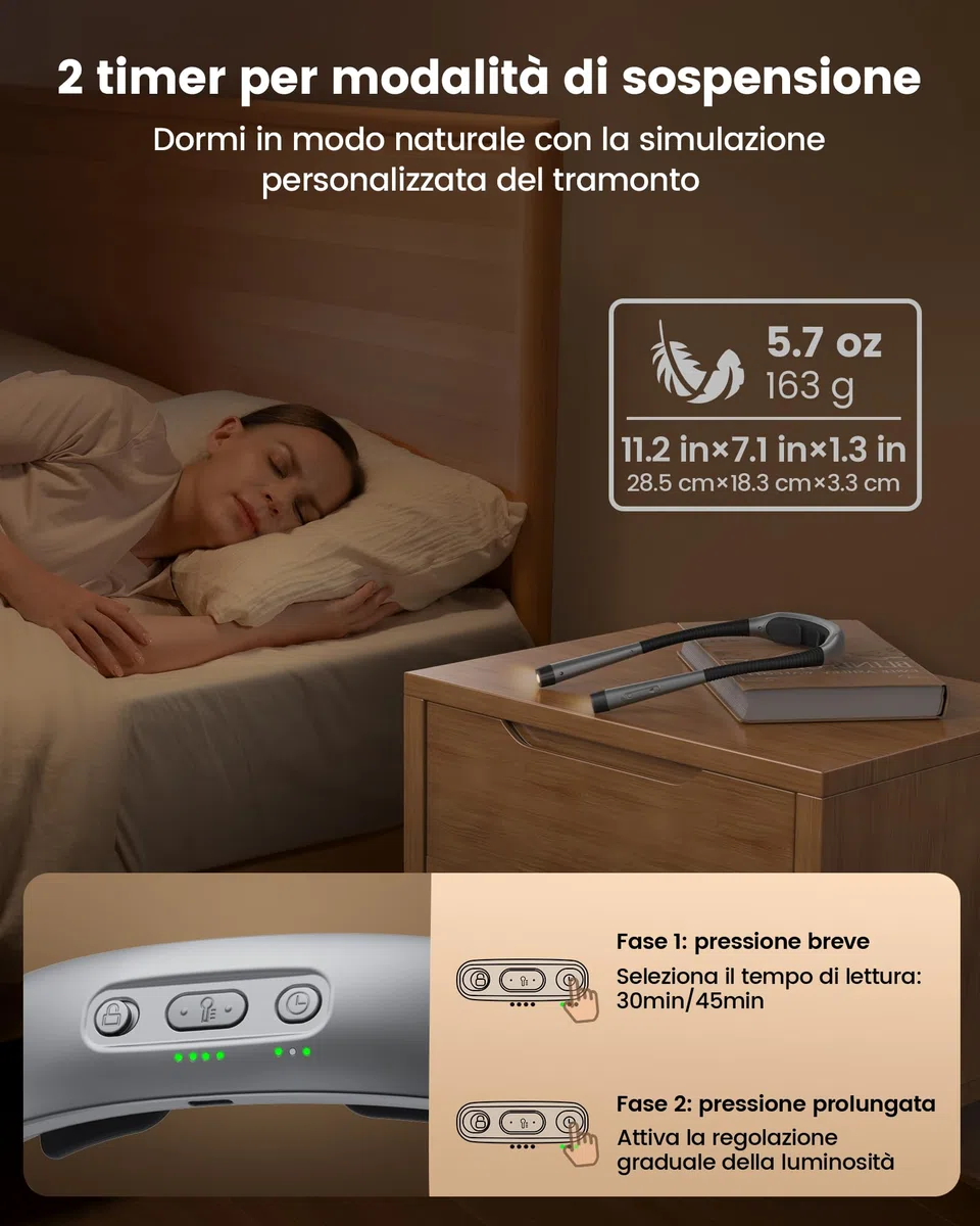 Glocusent Lampada da lettura ergonomica con batteria da 1600 mAh, 3 colori e 5 luminosità continua, pratico interruttore di blocco e timer – luce da lettura per lavori manuali (grigio)