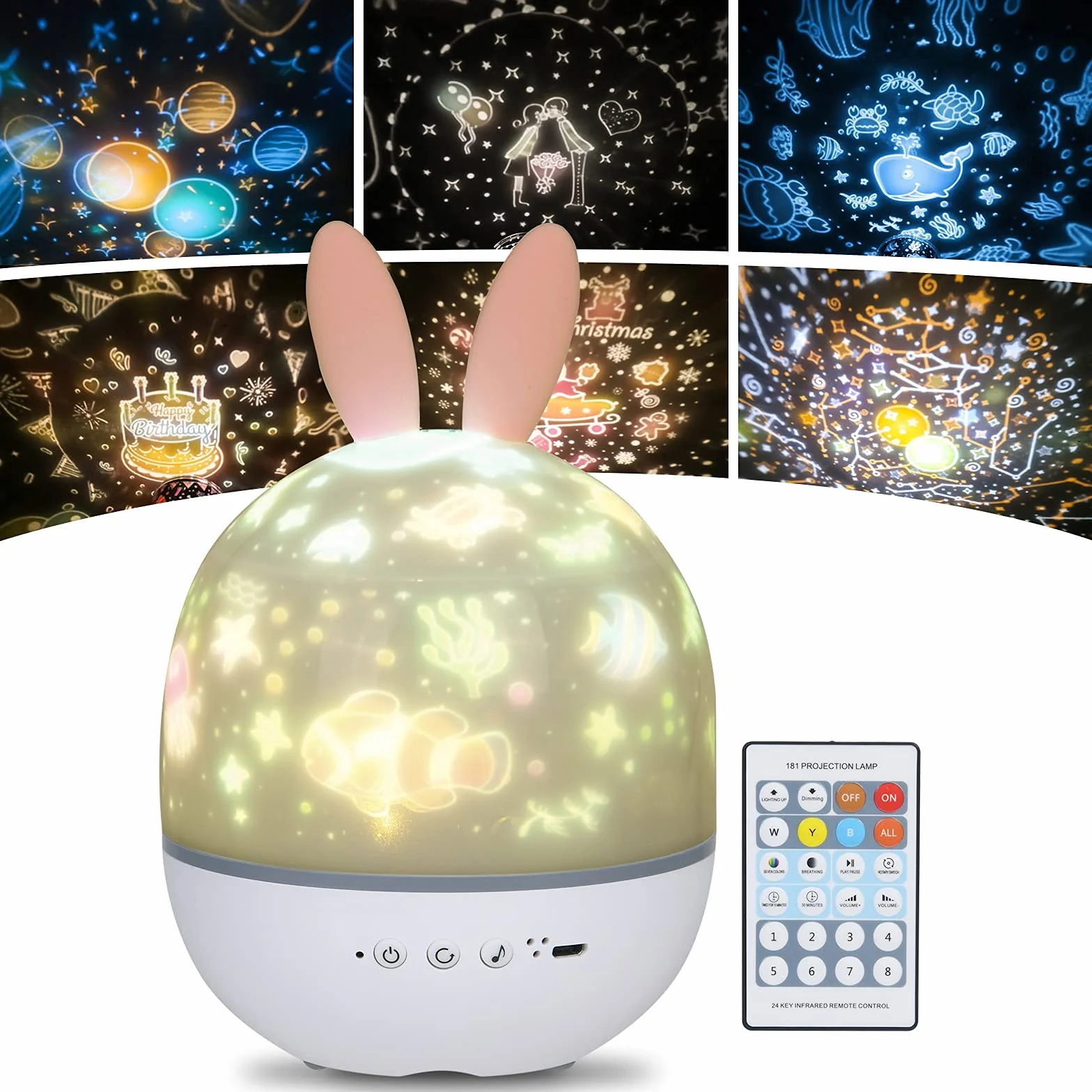 URAQT Proiettore Stelle Soffitto Bambini, Luci Notte per Bambini, 360°Rotazione Musicale Luce Notturna Bambini Proiettore, 6 Films Proiettore Soffitto,8 musica,con Telecomando e timer, Regalo Neonato