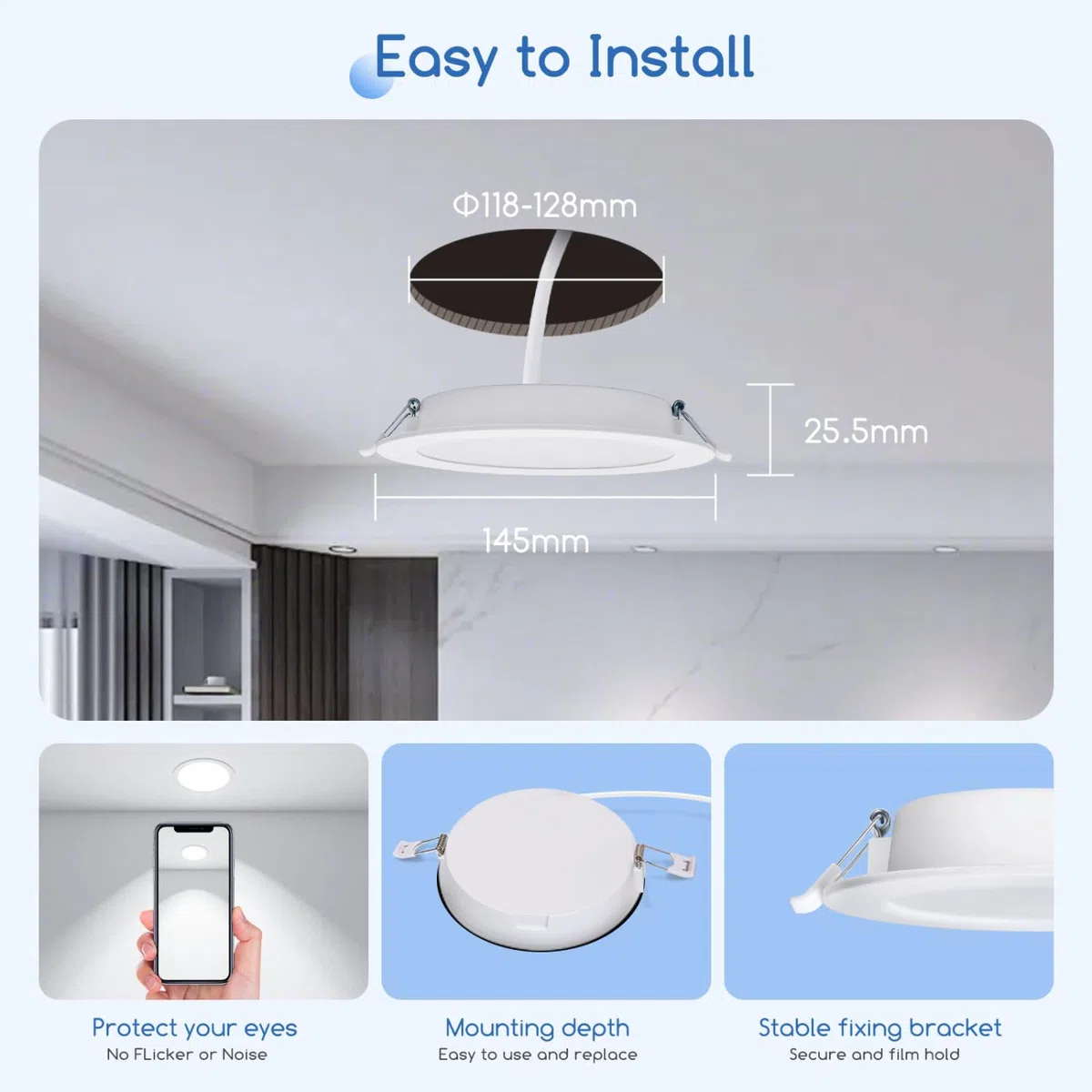 Aigostar Faretti da incasso per cartongesso, 9 W Equivalenti a 72 W, Alta luminosità, Integrati ultrasottile lampada da soffitto, Luce bianca fredda 6500K, 230V, Ф118-128mm (6 Confezione)