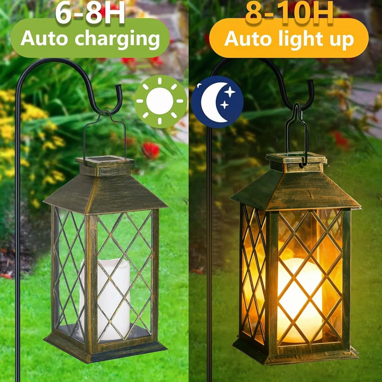 Joycome Lanterne da Esterno 2 Pezzi Lanterna Solare da Giardino con Candele Tremolante, Lampada Solari da Appendere Impermeabile Lampade da Tavolo per Arredo Terrazzo Balconi Decorazioni - Rame