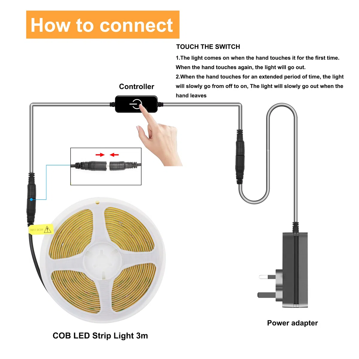 Striscia LED COB 3 Metri,Bianco caldo 2700K,24V LED COB con Controllo Dimmerazione Tocco,CRI90+,8mm Larghezza,con Alimentatore - Ideale per Cucina,Camera da Letto e Sfondo Televisivo