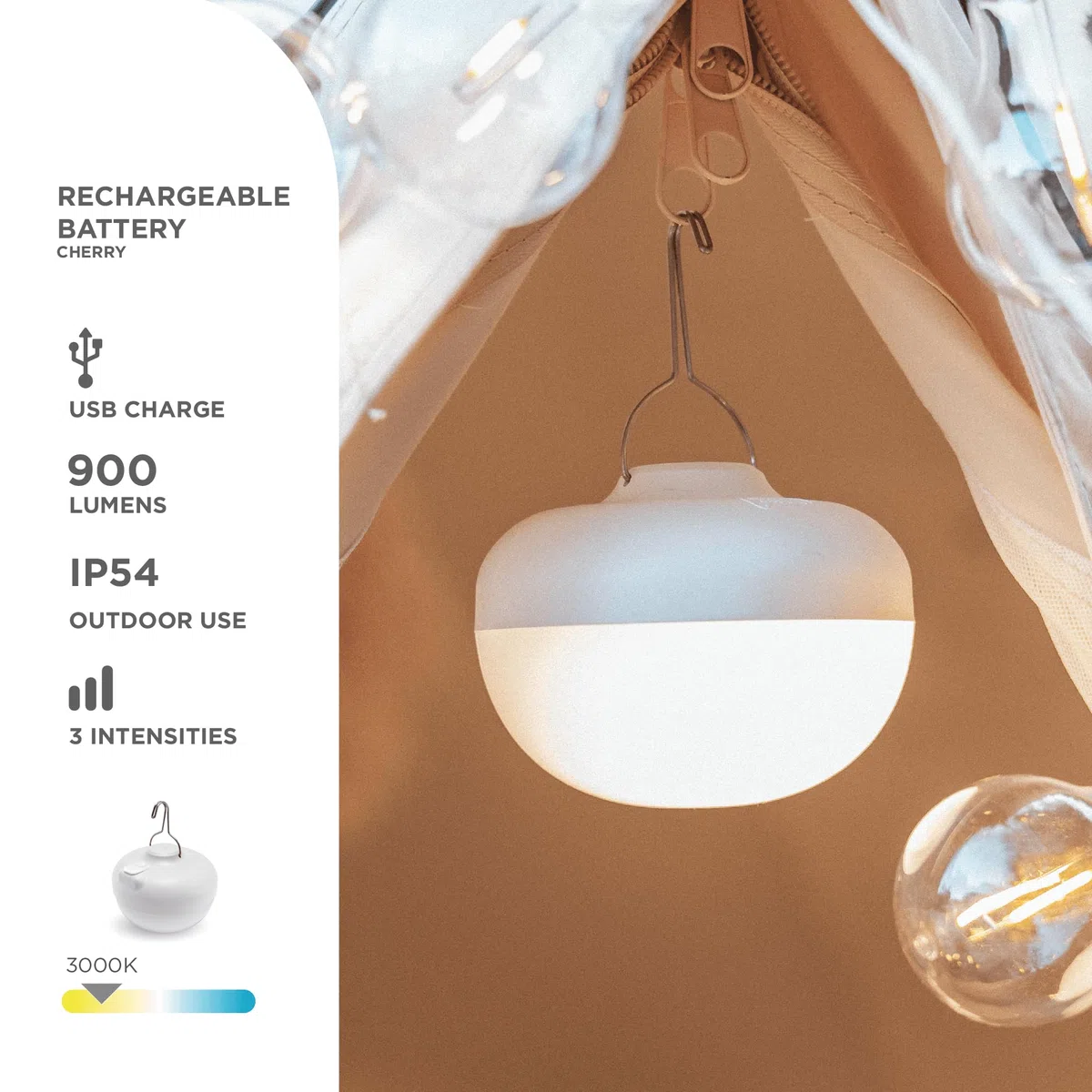 Newgarden - Luce di emergenza e da campeggio a LED Cherry. Luce portatile con gancio e magnete, senza fili con batteria ricaricabile USB. 900 lumen e fino a 20 ore di utilizzo. Resistente IP54
