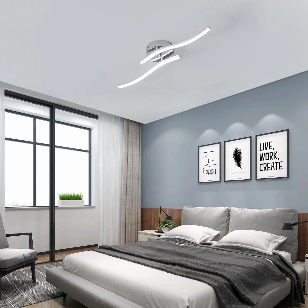 Goeco Plafoniera LED Soffitto Argento 14 W 52 cm 6500K Lampadario da Soffitto con 2 Fiamme Moderni Design Curvo Luce Bianca Fredda Lampada in Acrilico per Camera da Letto Soggiorno Cucina