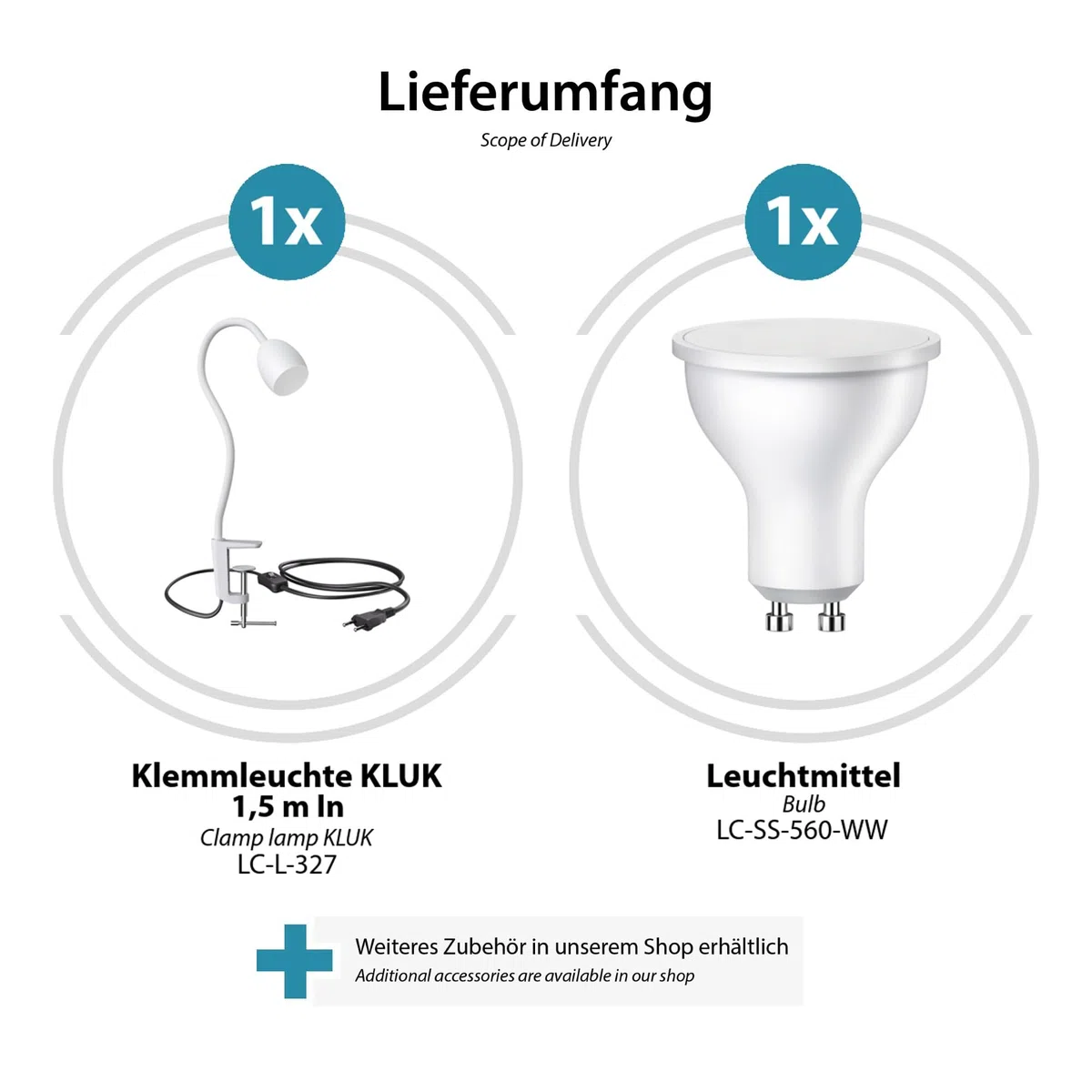 ledscom.de Luce a morsetto GU10 KLUK con collo d'oca, bianco incl. GU10, bianco caldo, 6,826W 630lm