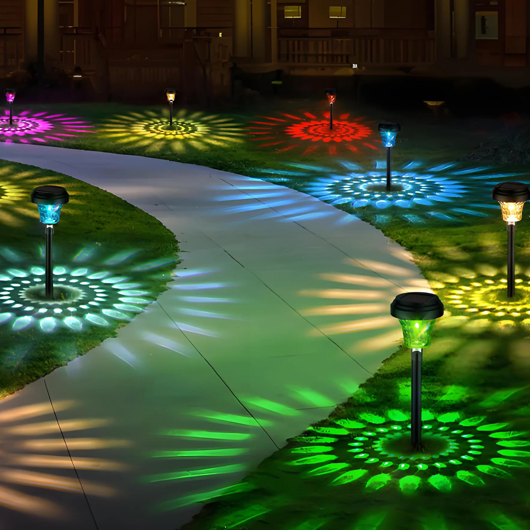 Luci da Esterno Giardino Solari 8 Pezzi, Lampade Solari da Giardino con Luce Calda e 7 Colori RGB, Illuminazione Luci Solare Esterno Impermeabile IP65 per Sentieri, Decorazione di Giardini