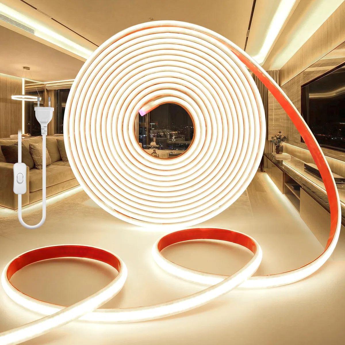 Striscia LED 220V COB 5M Bianco Naturale 4000K Esterno Impermeabile IP65 320LEDs/M Flessibile Luci LED Luminosa Tagliabile Strisce con Alimentatore per Interno Giardino Cucina Decorazione