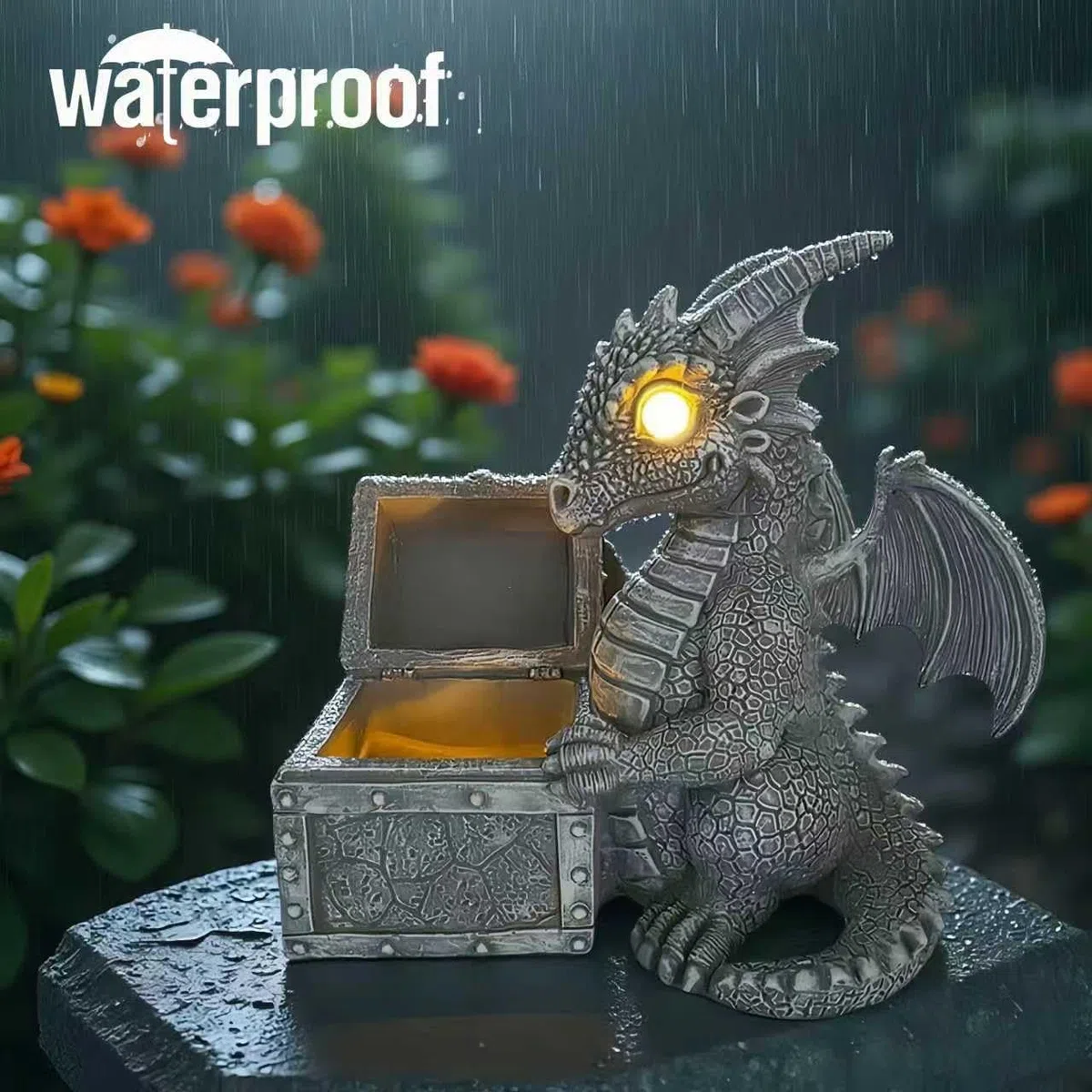 LED solare alimentato draghi apertura tesori scatola luce, lampada di decorazione atmosfera all'aperto, luci di paesaggio drago giardino resina carino.