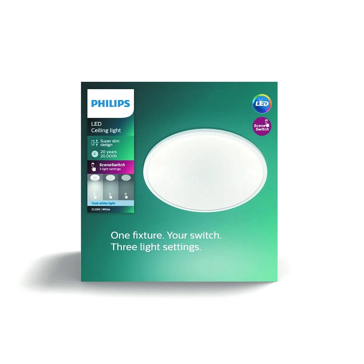 Philips LED SceneSwitch Lampada da Soffitto (15 W), 3 Livelli di Luminosità, Luce Bianca Fredda, Illuminazione della Stanza a Risparmio Energetico con EyeComfort, Bianca, 25 cm