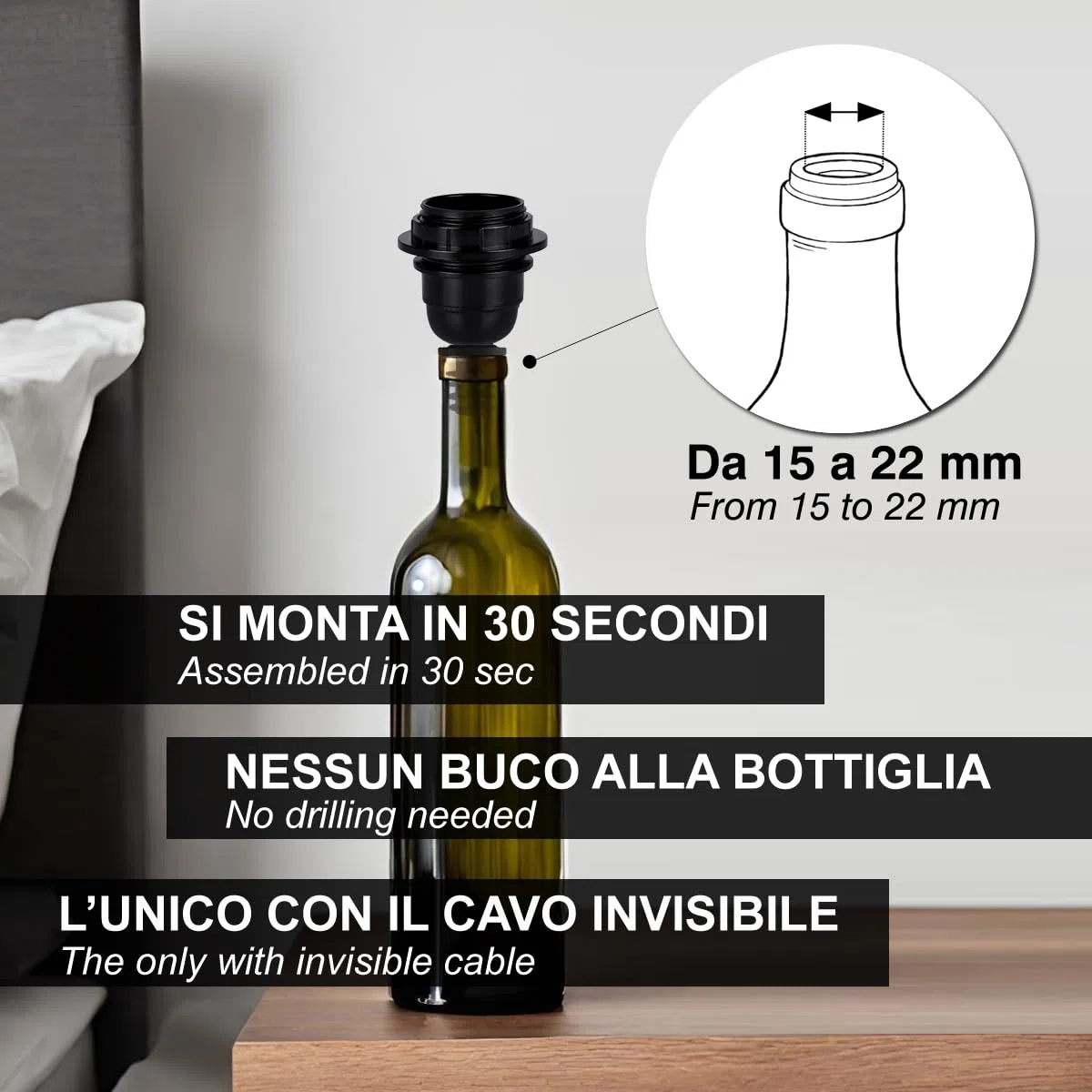 Standard | Trasforma Bottiglie in lampade in 30 Secondi, Bottiglia con foro da 15 a 22 mm, Magnum - Portalampada E27 - per Kit Lampada Bottiglia (2 pcs)