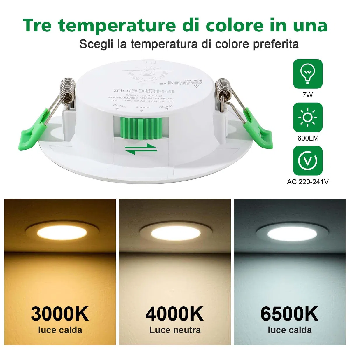 Faretti LED Soffitto 230V, 7W Dimmerabile Faretto LED Interno per 68mm - 78mm Diametro Foro, 3000K/4000K/6500K Regolabile, IP44 Faretti LED da Incasso per Cartongesso, Cucina, Bagno, Set of 6