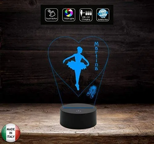 Generico Regalo Ballerina Lampada LED 7 Colori Selezionabili Danza Personalizzabile con Nome Luce da Notte in Acrilico e ABS