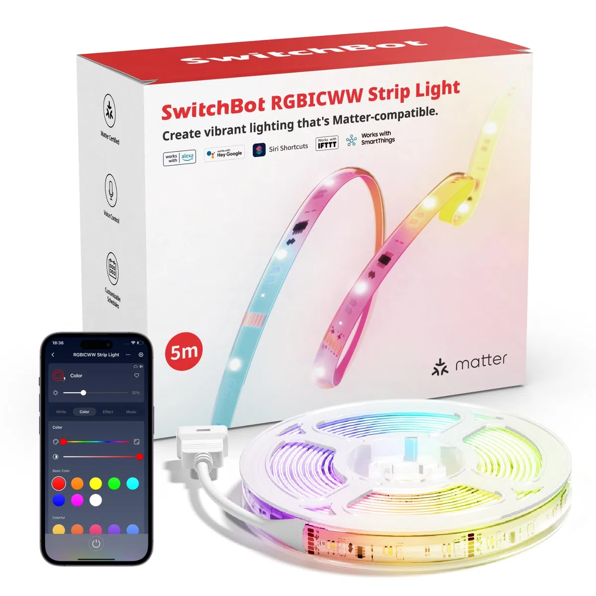 SwitchBot RGBICWW Striscia LED 5M, 72 LEDs/m Matter Luci LED Compatibili con Apple Home, Alexa, Google Home, 16 Milioni di Colori, Sincronizzazione Musicale, Smart Luci LED Camera da Letto, Cucina