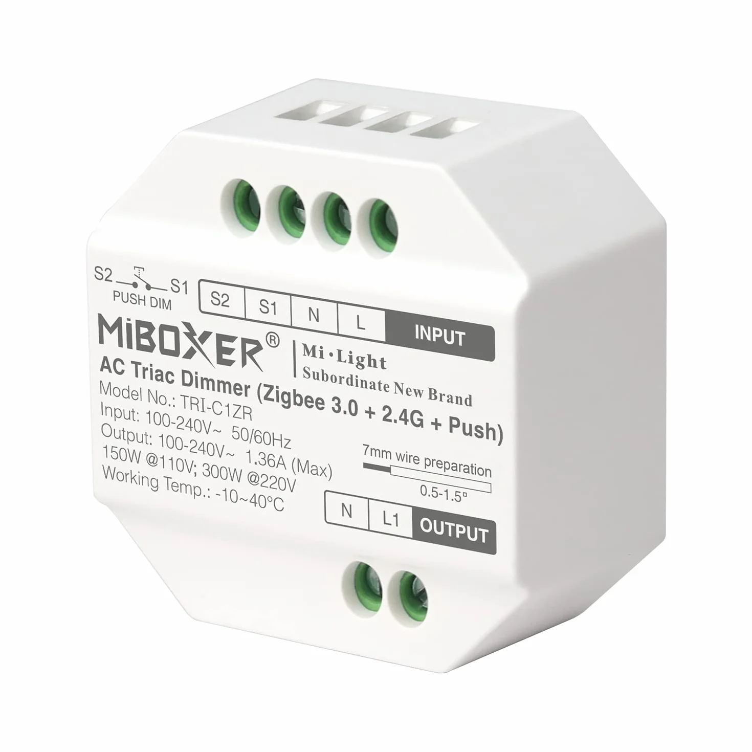 LIGHTEU®, Miboxer Zigbee3.0 e dimmer triac Push AC 100-240V da 2,4 GHz per lampade e faretti dimmerabili, TRI-C1ZR