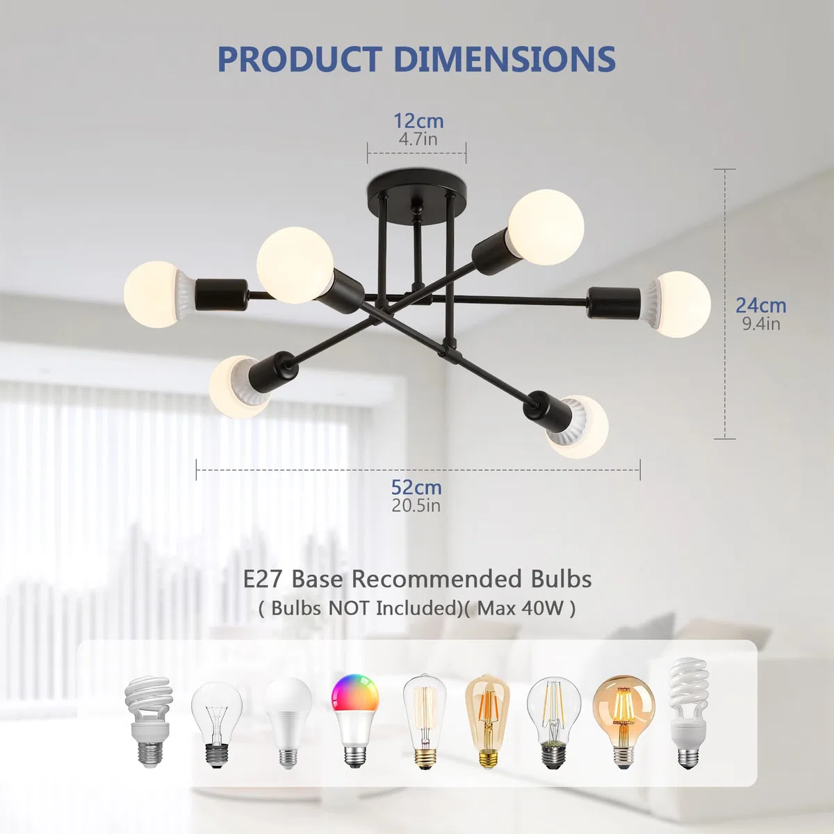 YOODI Lampadario Industriale, 6 Luci Plafoniera Sputnik Vintage, E27 Moderno Lampada da Soffitto in Ferro Nero per Camera da letto, Soggiorno, Sala da Pranzo, Diametro 52cm (Lampadina non inclusa)
