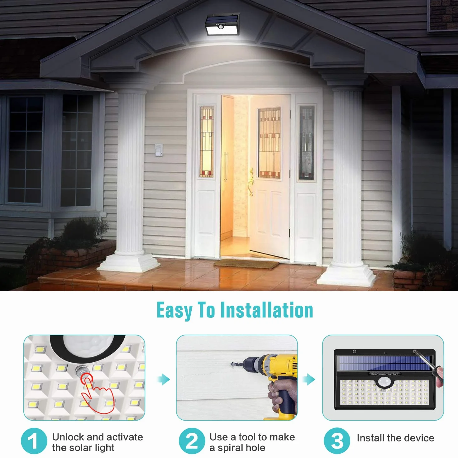 Luci Solari Esterno, 78 LED Super Luminosa con Sensore di Movimento Impermeabile Wireless Luce da Parete con 3 Modalità Lampade di Sicurezza per Giardino