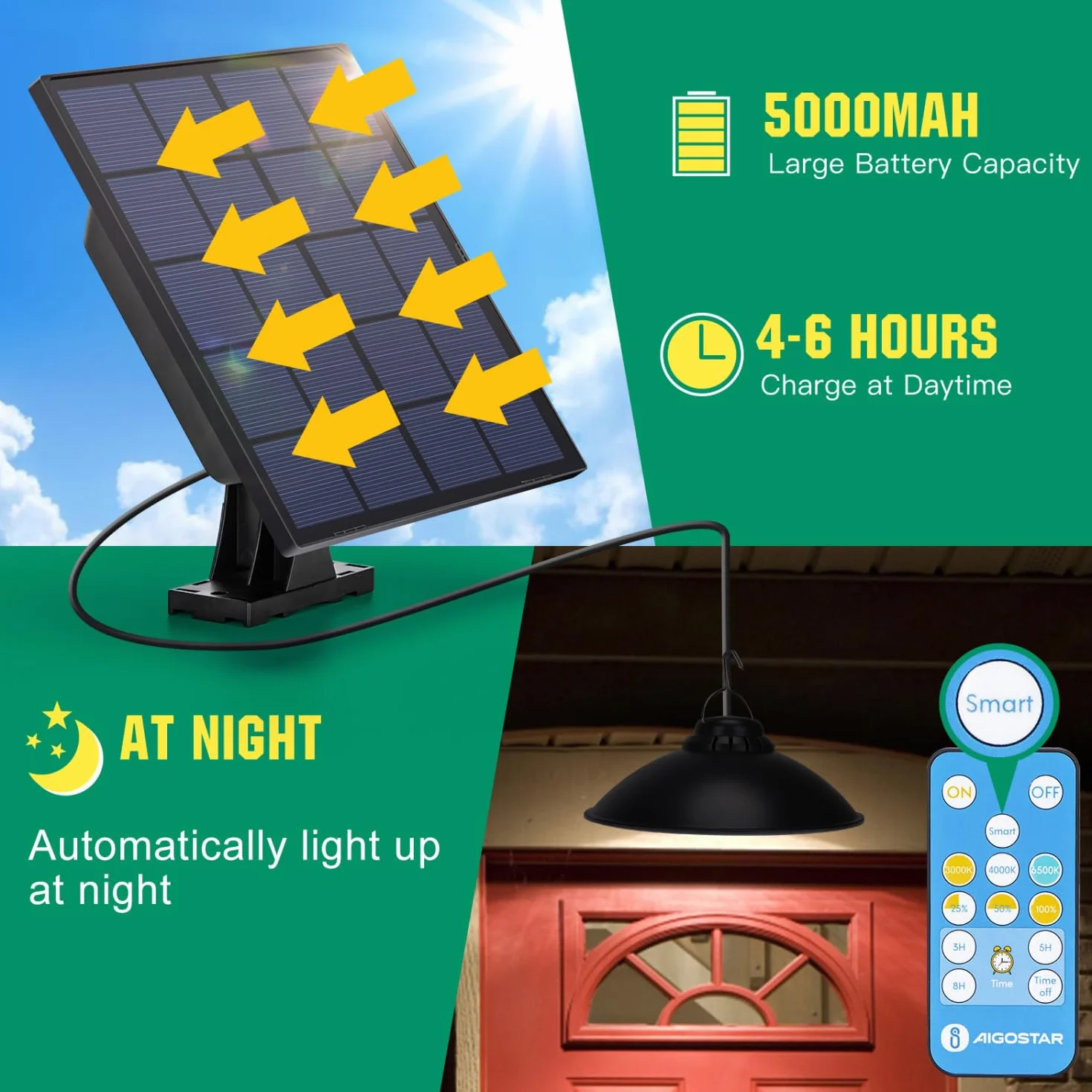 Aigostar-Lampada solare da esterno con telecomando，dimmerabile lampadario solar con timer，resistente alla pioggia IP65，Batteria di grande capacità， luce solari con cavo da 3 m